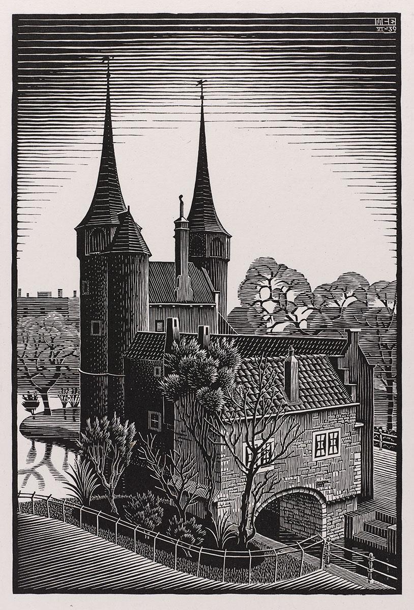 <p>M.C. Escher, Delft: Oostpoort, woodcut, June 1939</p>