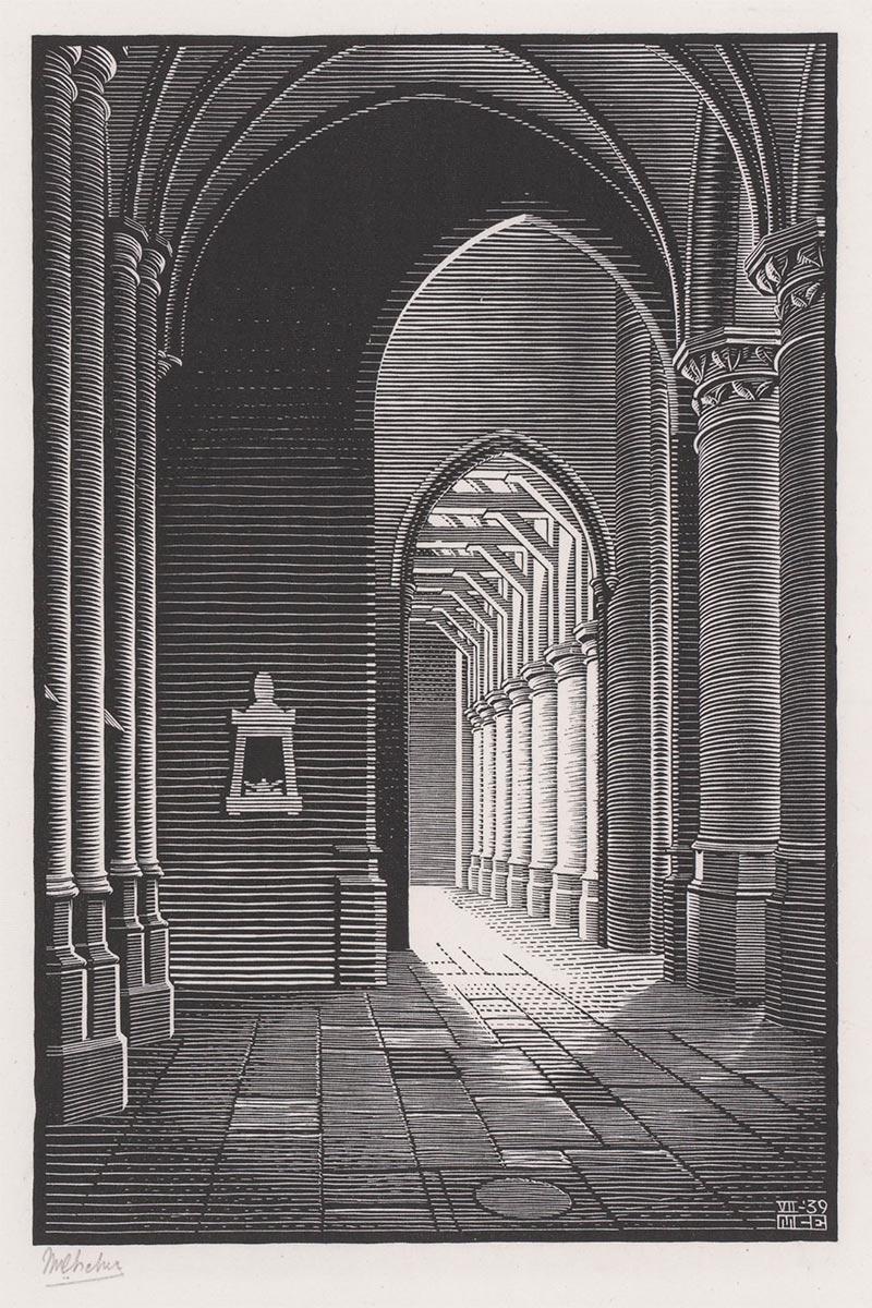 <p>M.C. Escher, Delft: (Interior) Nieuwe Kerk, woodcut, July 1939</p>