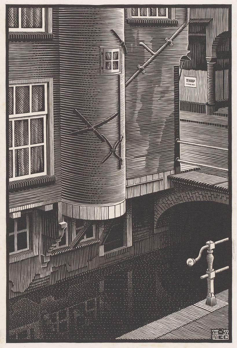 <p>M.C. Escher, Delft: Voldersgracht (detail), woodcut, July 1939</p>
