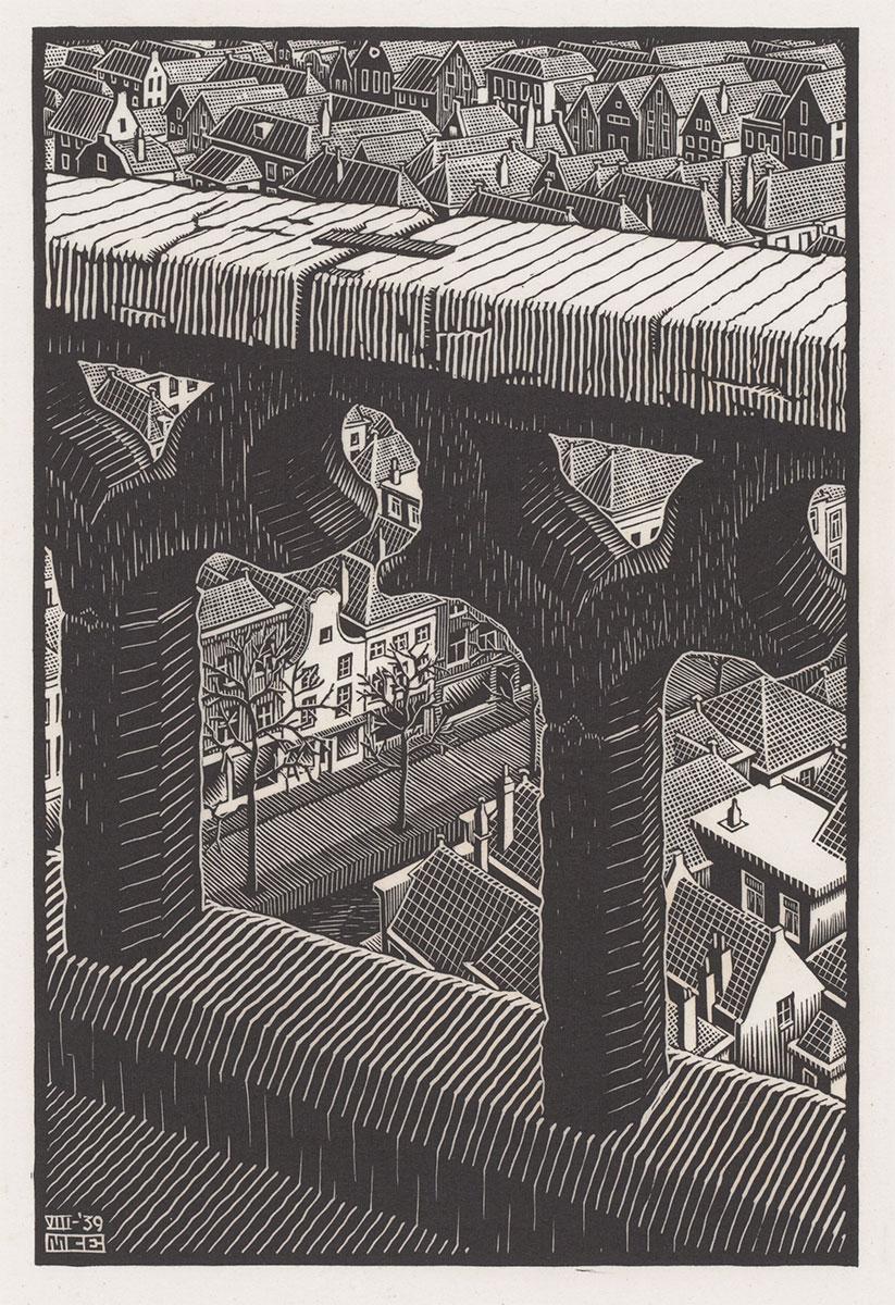 <p>M.C. Escher, Delft: (Vanuit de toren der) Oude Kerk, houtsnede, augustus 1939</p>