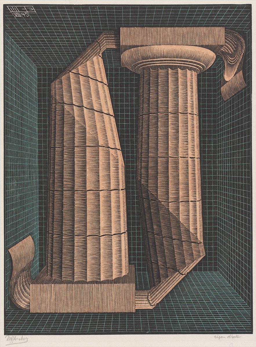 M.C. Escher, (Two) Doric columns, wood engraving in black, brown and blue-green, printed from three blocks, August 1945
