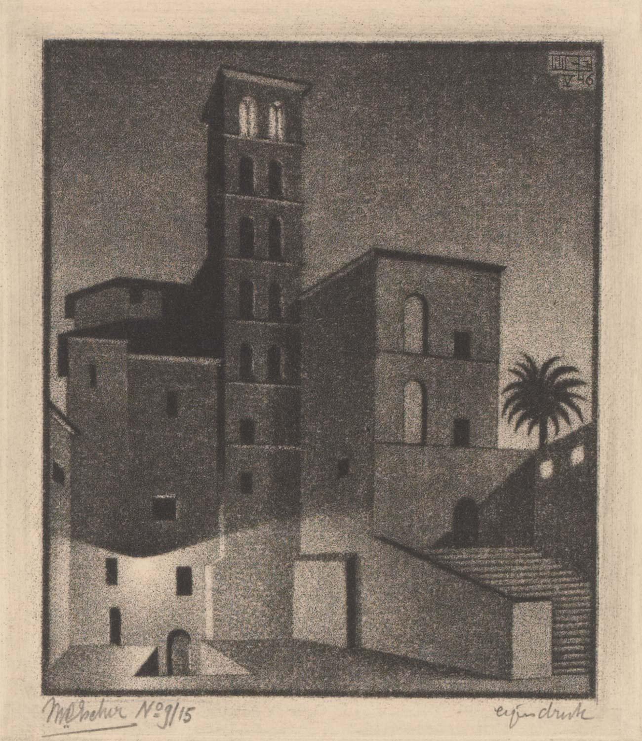 M.C. Escher, Dusk (Rome), mezzotint (second state), May 1946