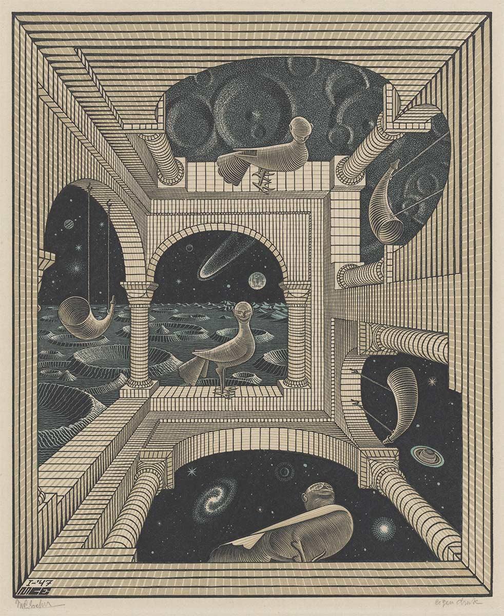 <p>M.C. Escher, <em>Other World</em>, wood engraving and woodcut in black, reddish brown and green, printed from three blocks, January 1947</p>