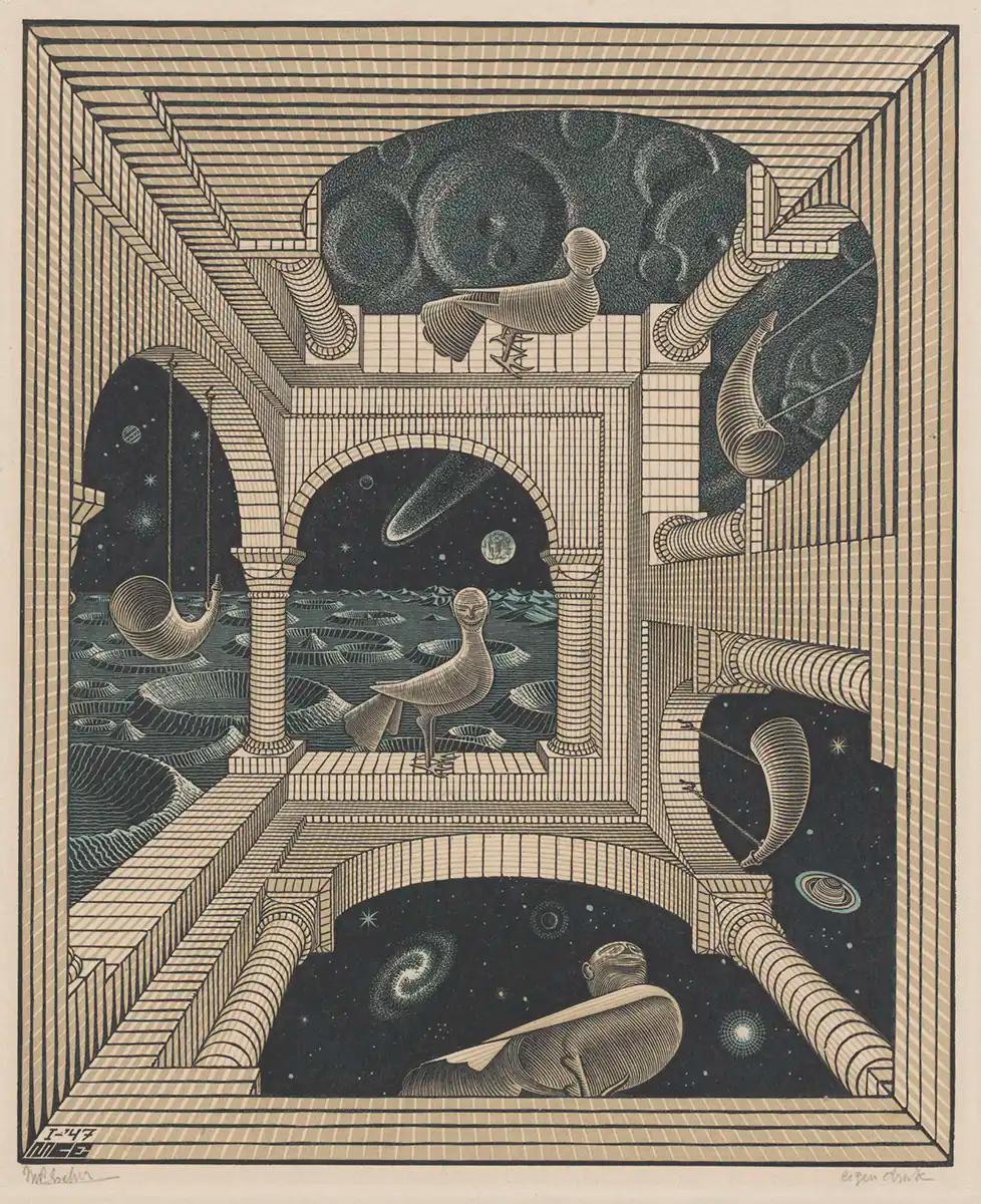 M.C. Escher, Andere wereld, houtsnede en houtgravure in zwart, roodbruin en groen, gedrukt van drie blokken, januari 1947
