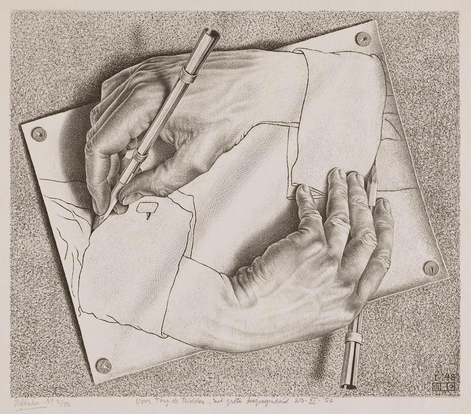 M.C. Escher, Tekenende handen, litho, januari 1948, langdurig bruikleen uit privébezit