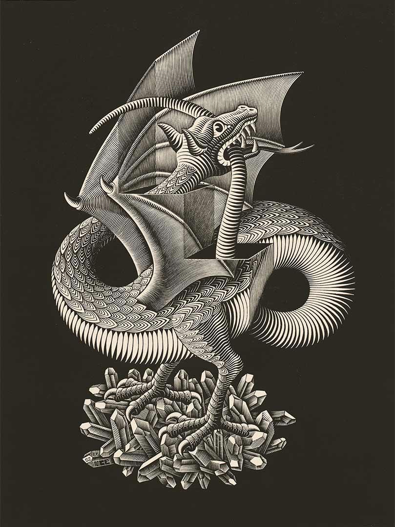 <p>M.C. Escher, Draak, houtgravure, maart 1952</p>