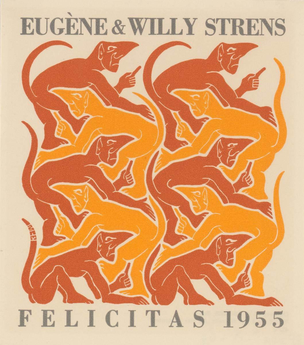 M.C. Escher, Vuur (nieuwjaarswens 1955), houtsnede in geel en oranje, gedrukt van twee blokken, met boekdruk in grijs, oktober 1952