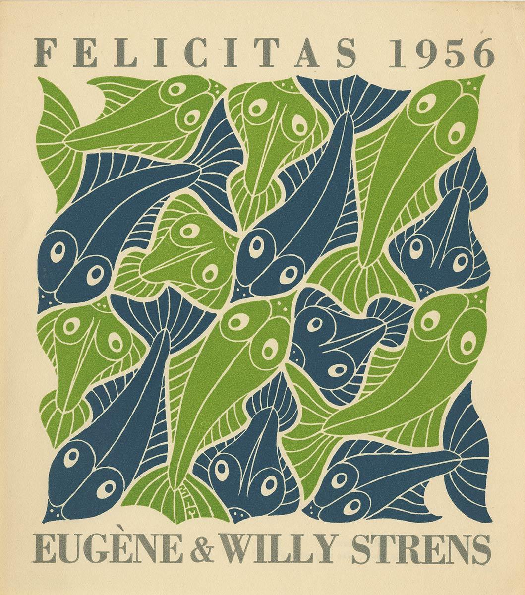 M.C. Escher, Water (nieuwjaarswens 1956), houtsnede in groen en blauw, gedrukt van twee blokken, met boekdruk in grijs, oktober 1952