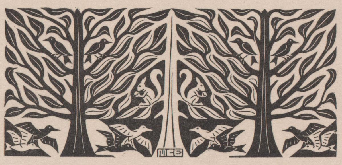 M.C. Escher, Bomen en dieren, houtgravure, 1953
