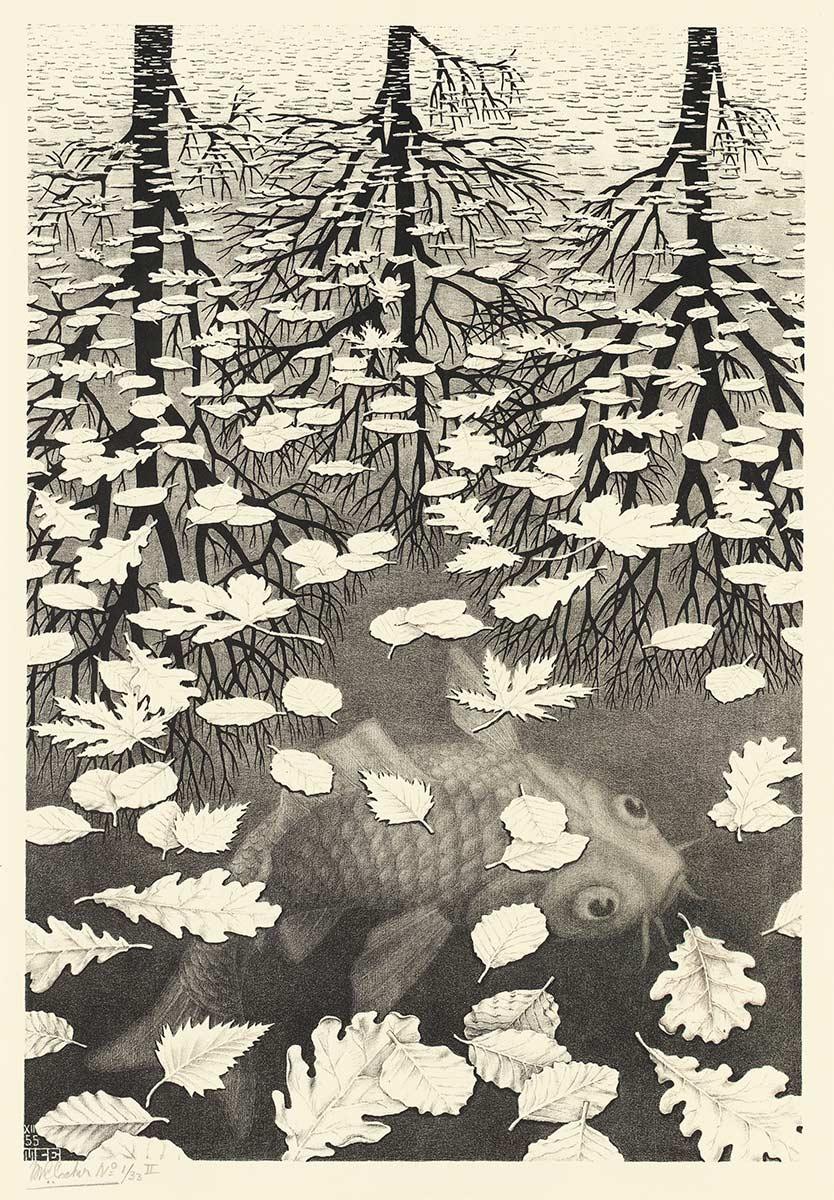 M.C. Escher, Drei Welten, Lithografie, Dezember 1955