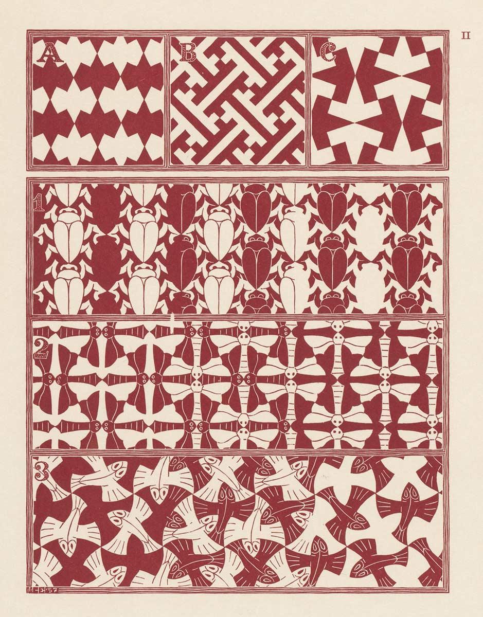 M.C. Escher, Regelmatige vlakverdeling II, houtsnede in rood, mei 1957