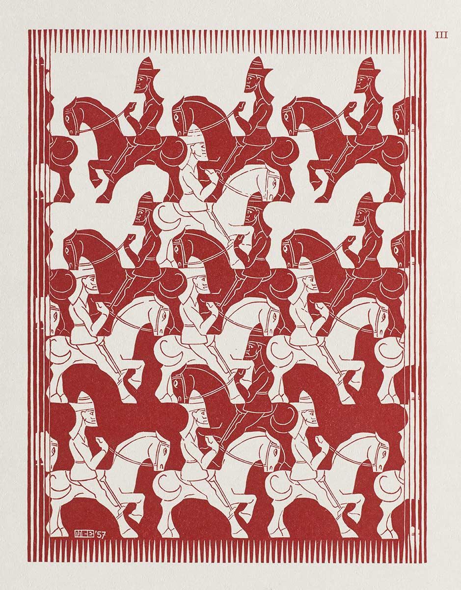 M.C. Escher, Regelmatige vlakverdeling III, houtsnede in rood, mei 1957
