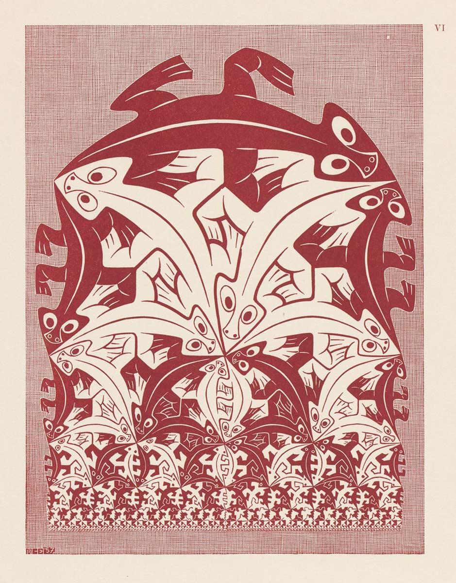 M.C. Escher, Regelmatige vlakverdeling VI, houtsnede in rood, mei 1957