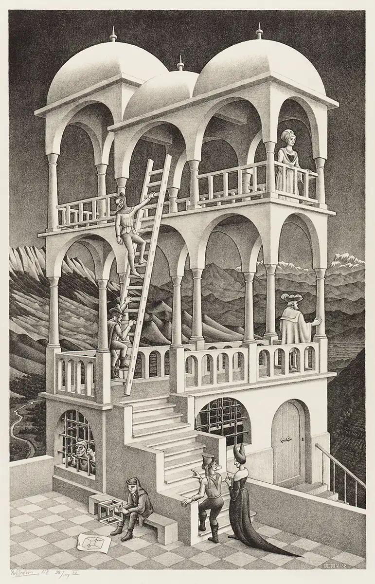 M.C. Escher, 物見の塔 (Belvedere), リトグラフ, 1958年5月