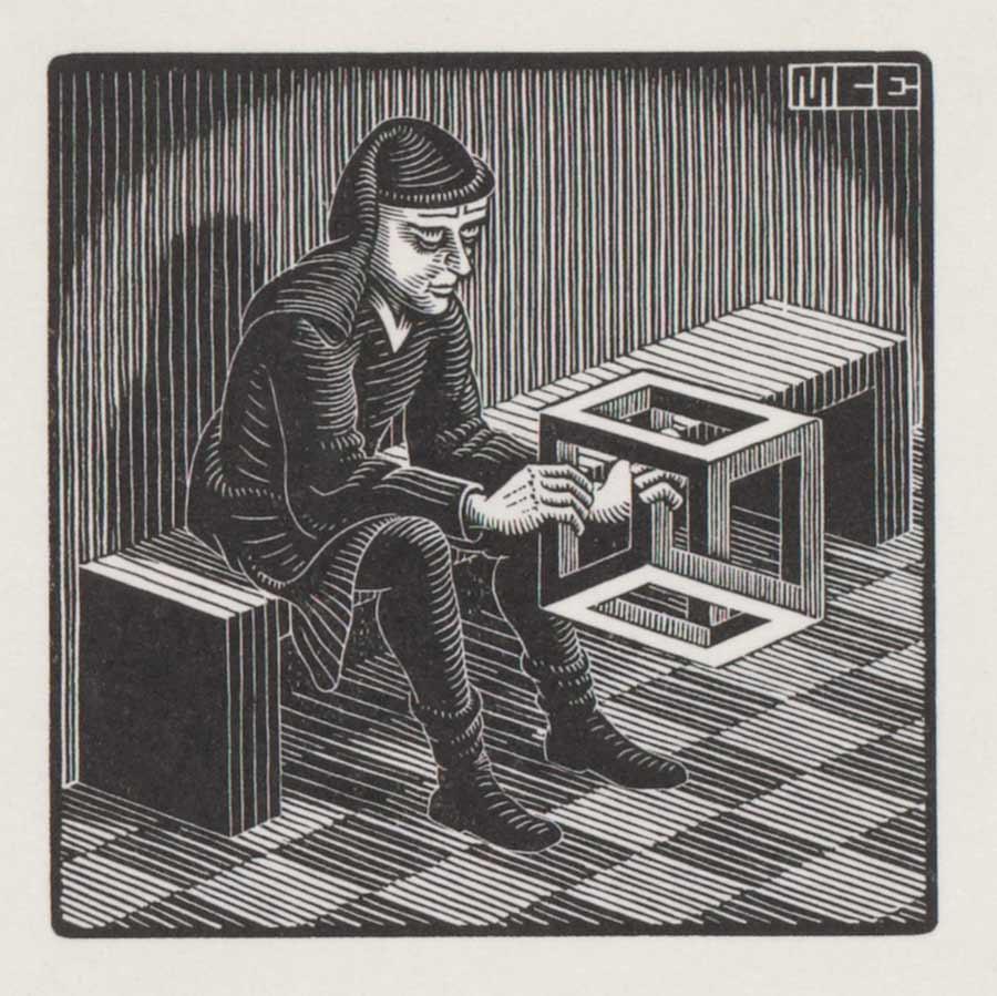 M.C. Escher, Man with cuboid, wood engraving, 1958