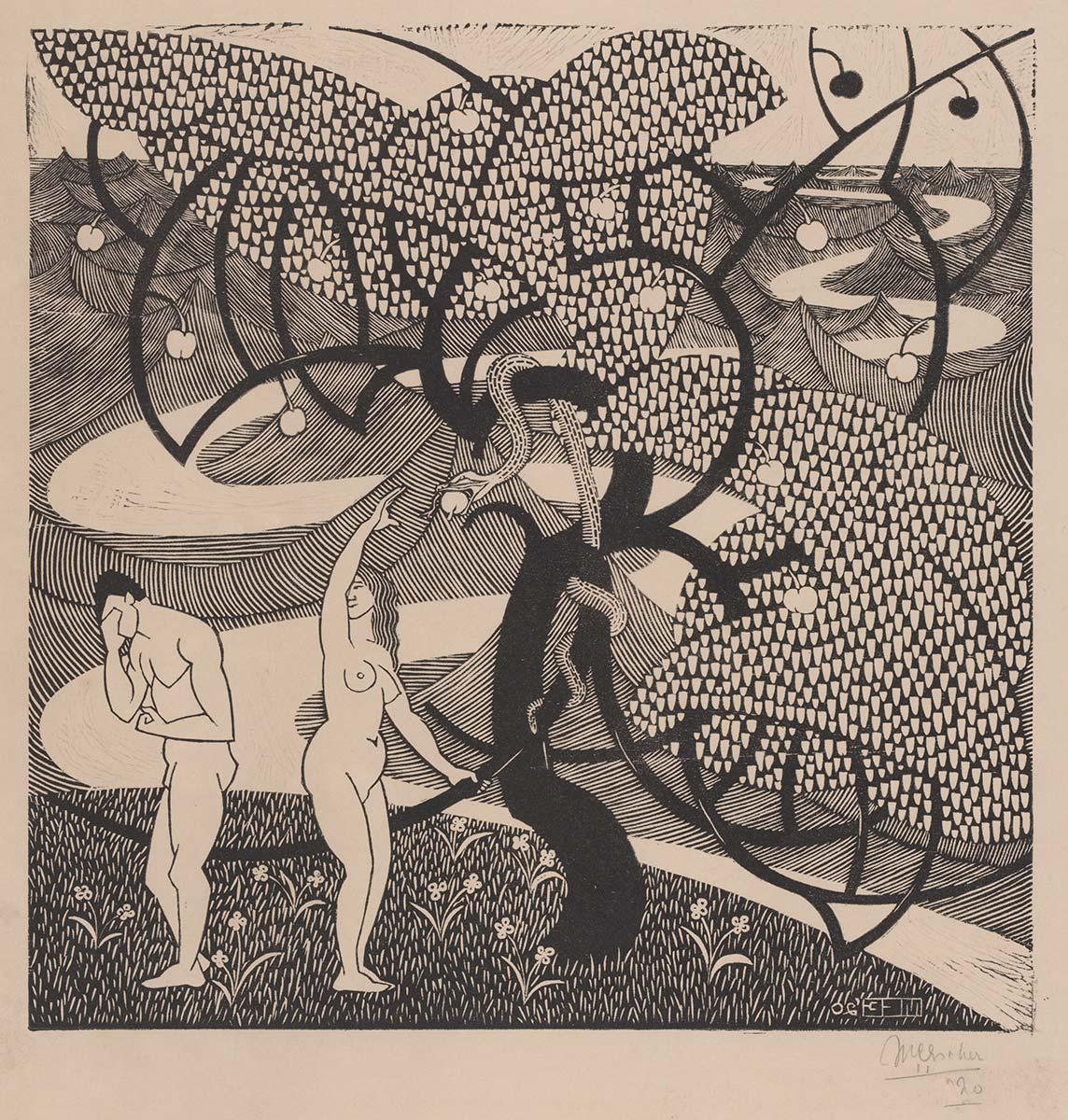 M.C. Escher, The Fall of Man, woodcut (counterproof), 1920