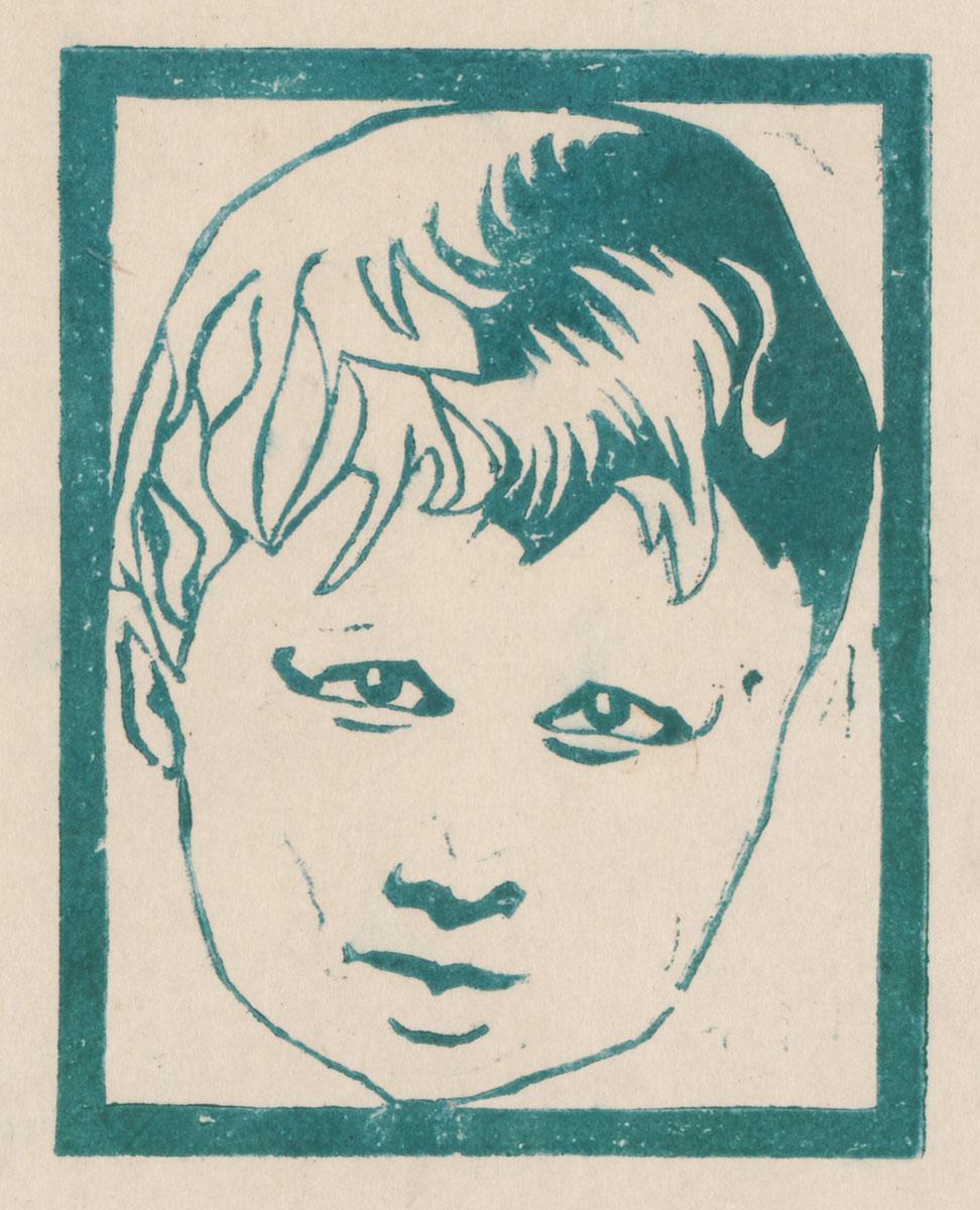 M.C. Escher, Head of a child, linoleum cut in green, 1916