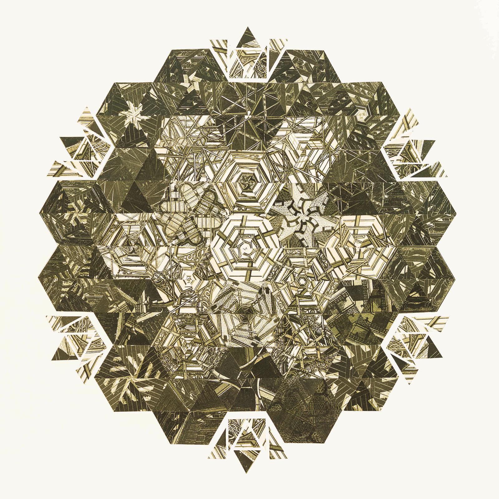 <p>Anne Desmet, Kaleidoscope, linoleumsnede en houtgravures, op museumkarton, 2021</p>