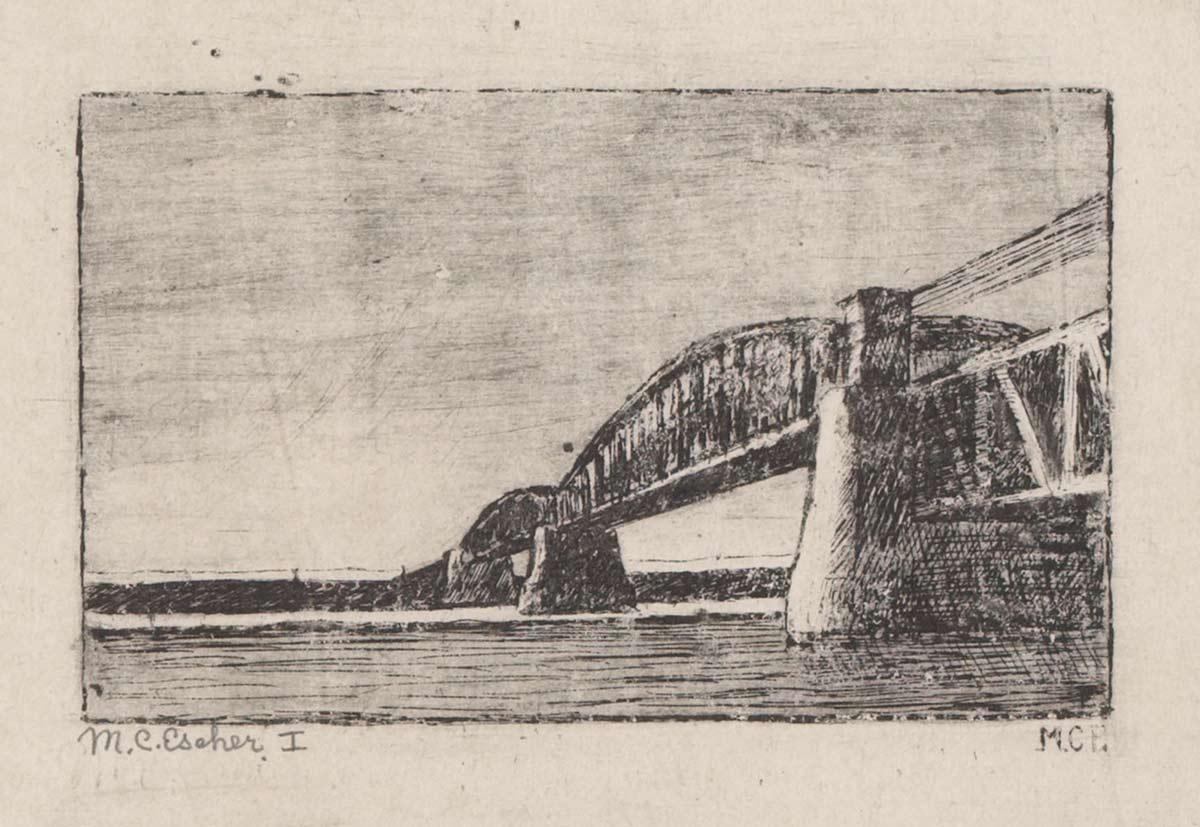 <p>M.C. Escher, Railway Bridge over the Rhine at Oosterbeek, etching, 1917</p>