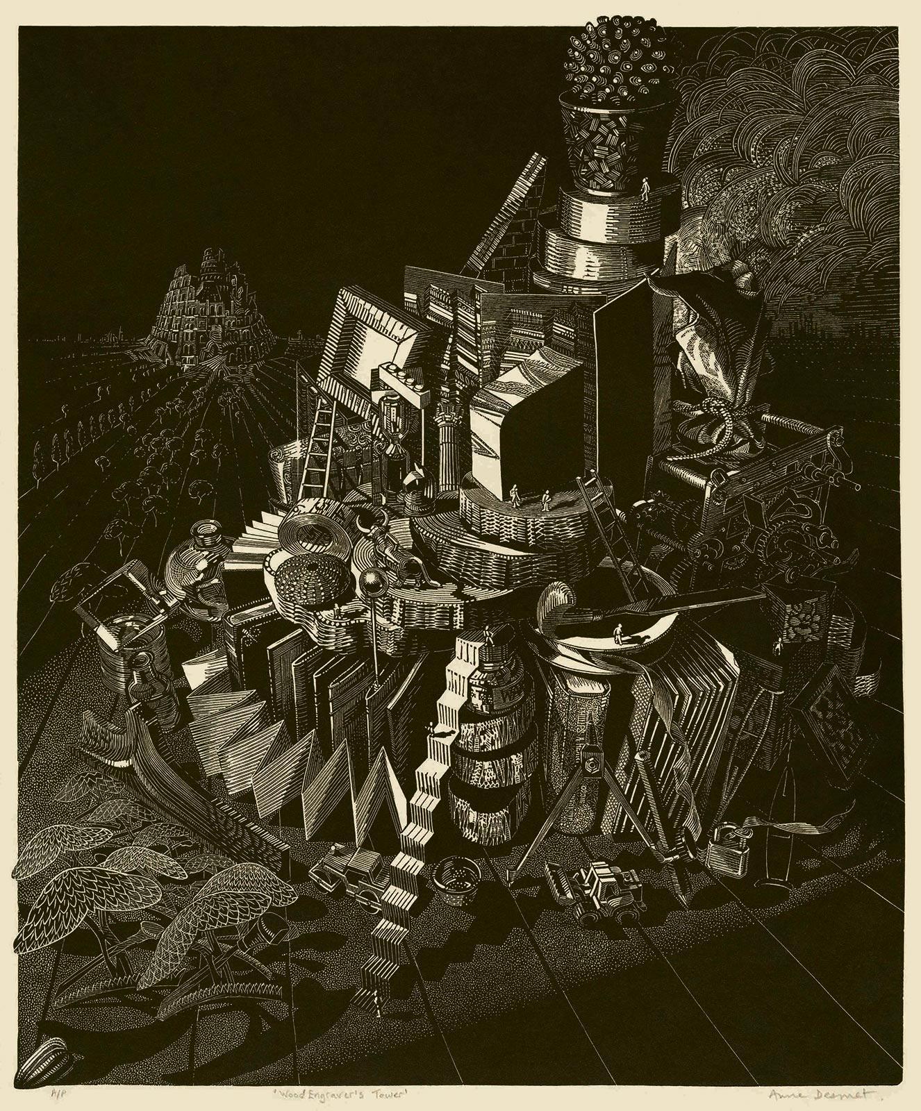 Anne Desmet, Wood Engraver's Tower, Holzstich, 2020