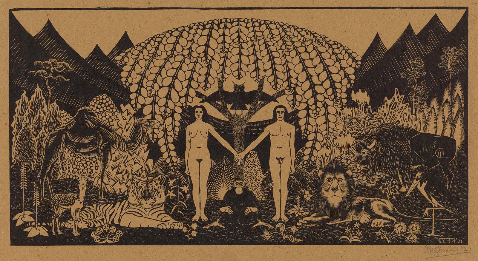 M.C. Escher, Het paradijs, houtsnede (tegendruk), februari 1921