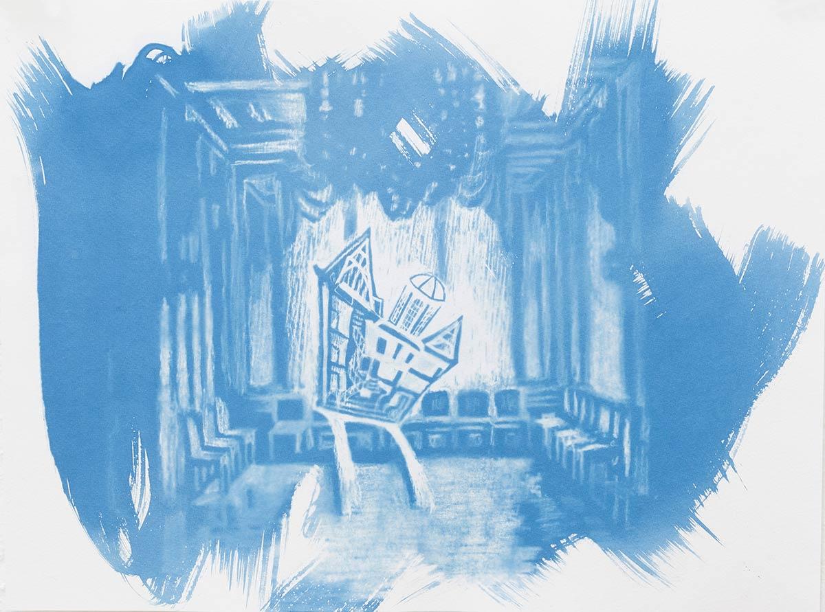Arike Gill, De eenzame dans, blauwdruk van tekening op aquarelpapier, 2022