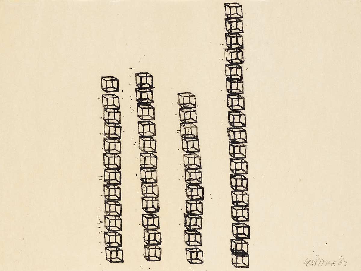 Carel Visser, Vier stapelingen kleine kubussen, stempeldruk, 1963. Collectie Kunstmuseum Den Haag