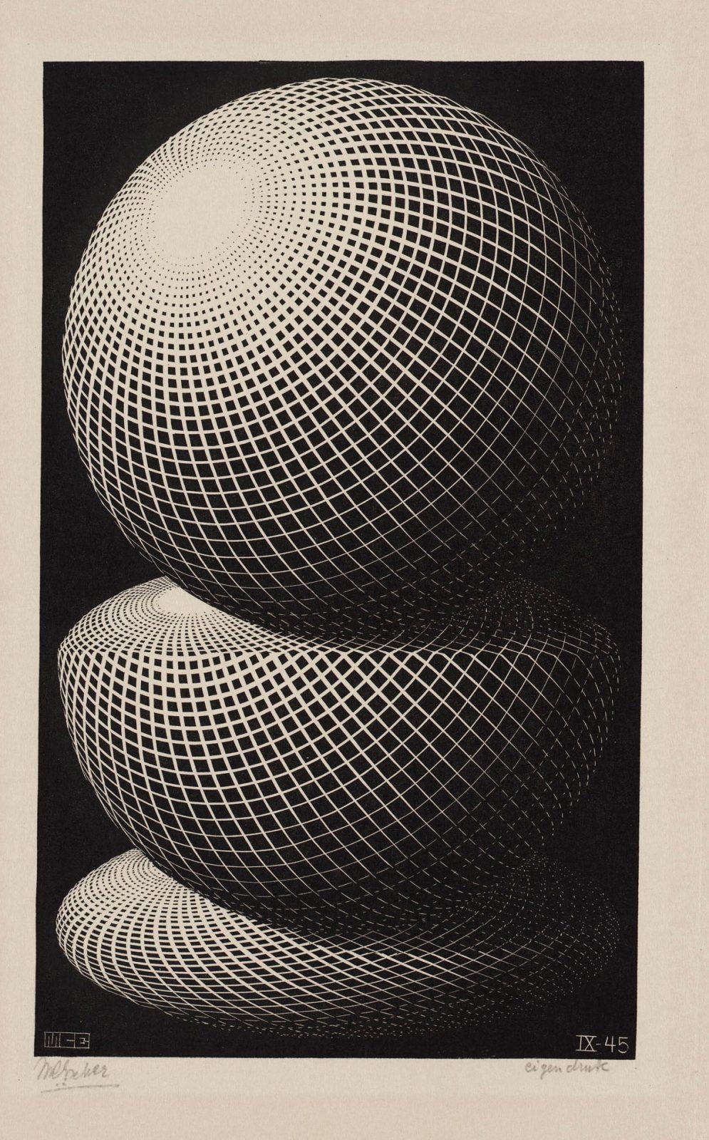 M.C. Escher, Three spheres, wood engraving, September 1945