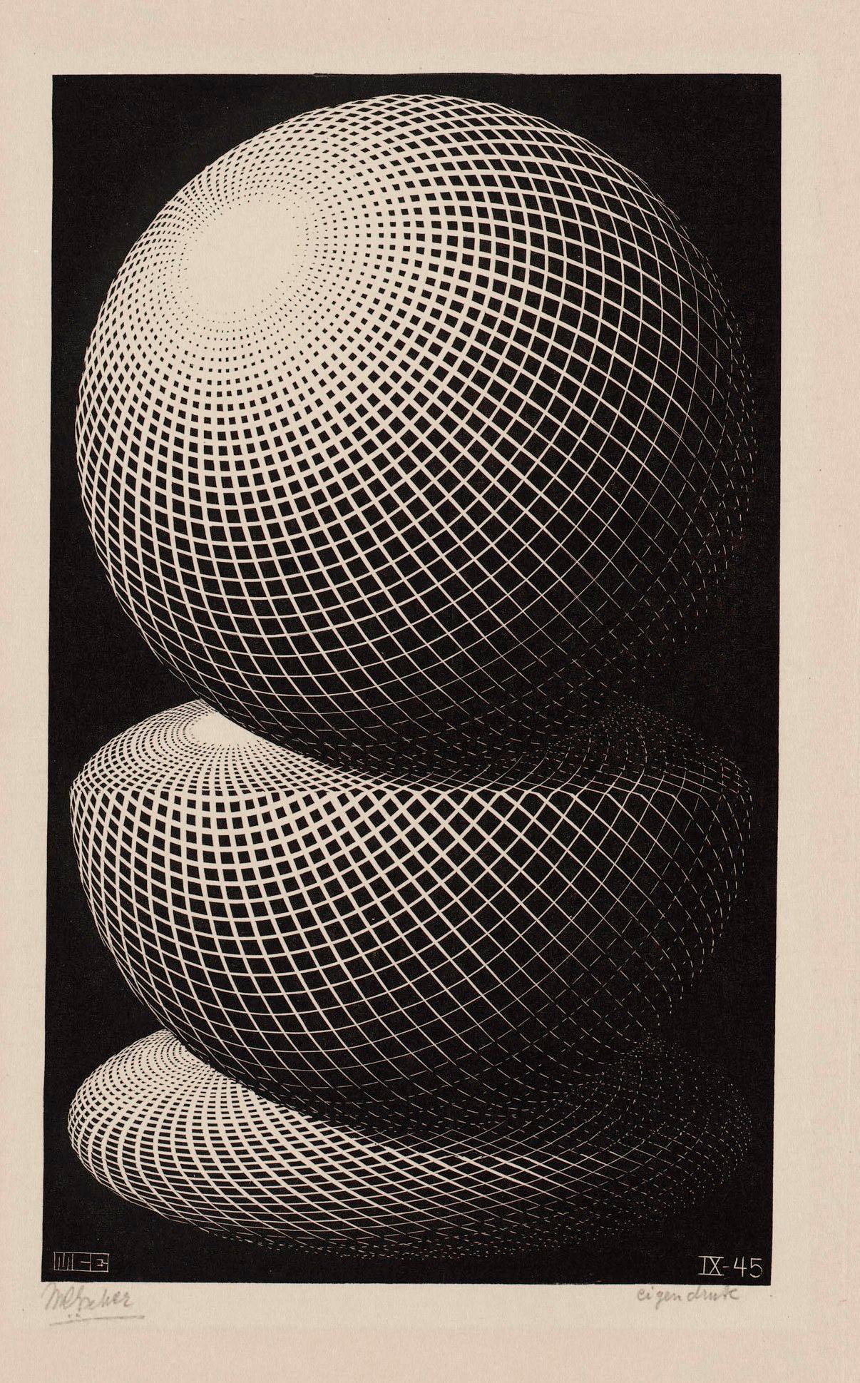 M.C. Escher, Three Spheres I, wood engraving, September 1945