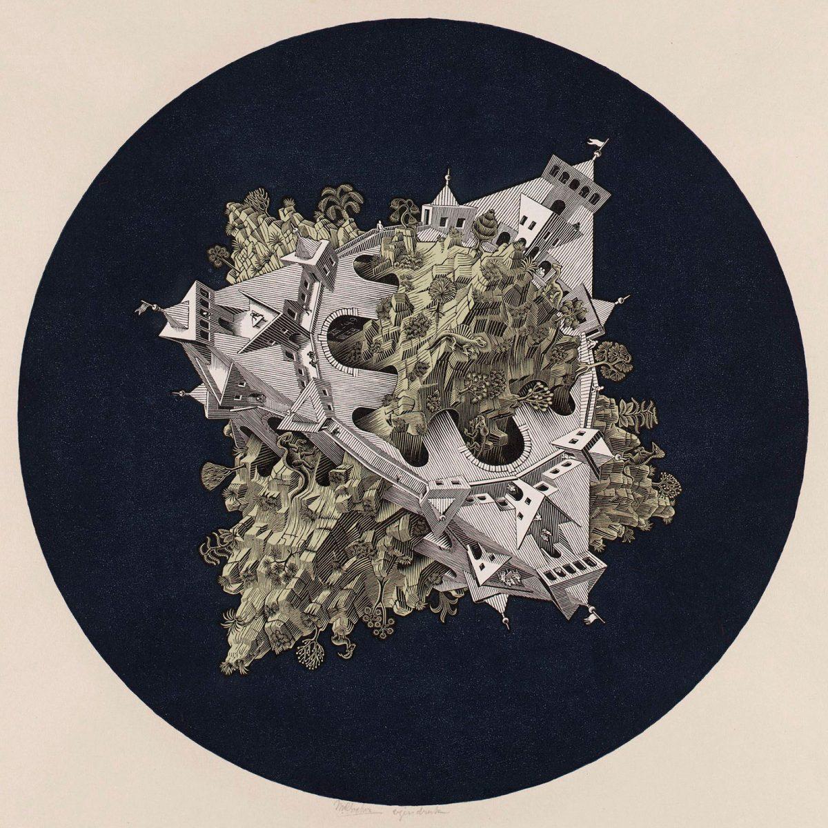 M.C. Escher, Double Planetoid (Double Planet), wood engraving in green, dark blue, black and white, printed from four blocks, December 1949