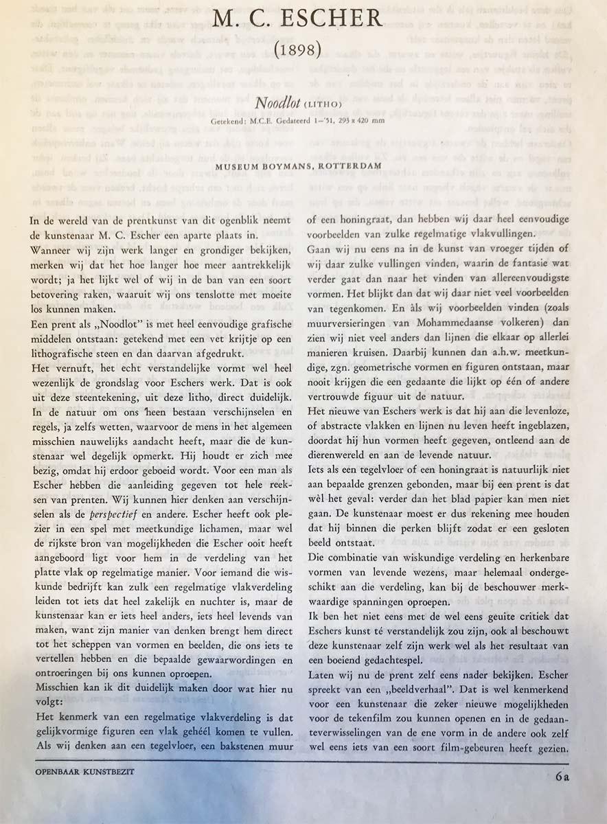 J.C. Ebbinge Wubben, M.C. Escher, Noodlot, in Openbaar Kunstbezit, vol. 1, no. 6 (1957)