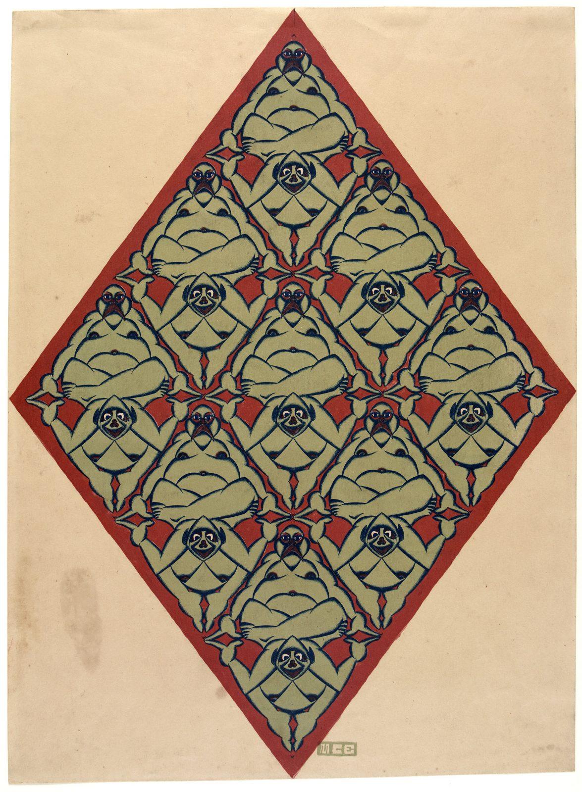 M.C. Escher, Vlakvullingsmotief met mannetjes en vrouwtjes, litho in blauw, rood en groen, gedrukt in drie kleurgangen, 1920/1921