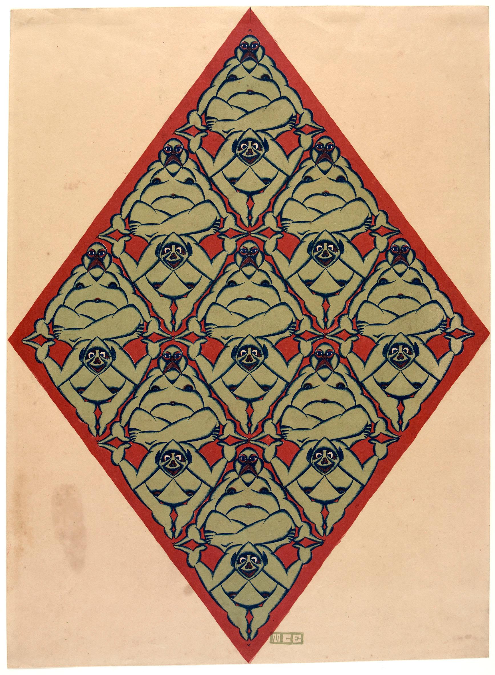 M.C. Escher, Plane-Filling Motif with Human Figures, lithograph in blue, green and red, 1920 or 1921