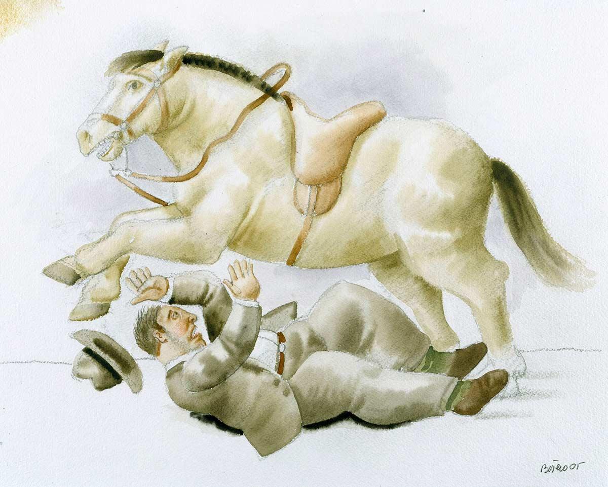 Fernando Botero, Man die van zijn paard valt, aquarel, 2005