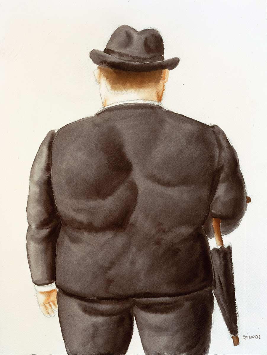 Fernando Botero, Man met paraplu, aquarel, 2005