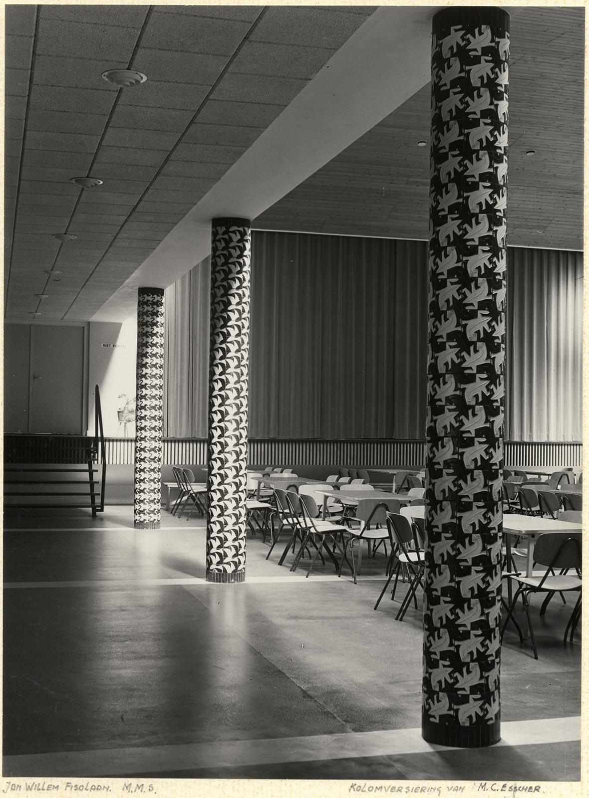 Tile column of Escher's design, Girls' School in The Hague, 1966. Photo: Jan Jansen, Haags Gemeentearchief