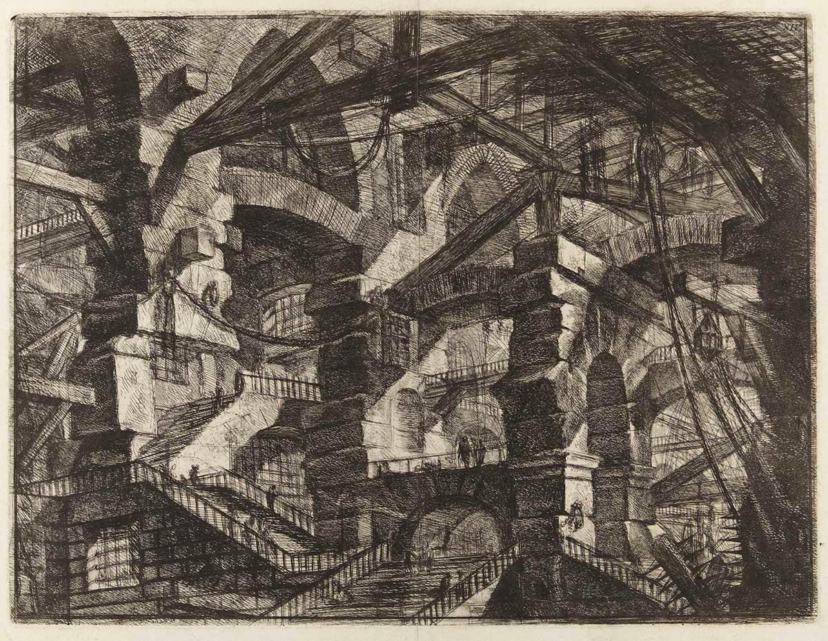 Giovanni Battista Piranesi, Carceri d'invenzione (plaat 14, De gotische boog), tweede versie, ets, 1761
