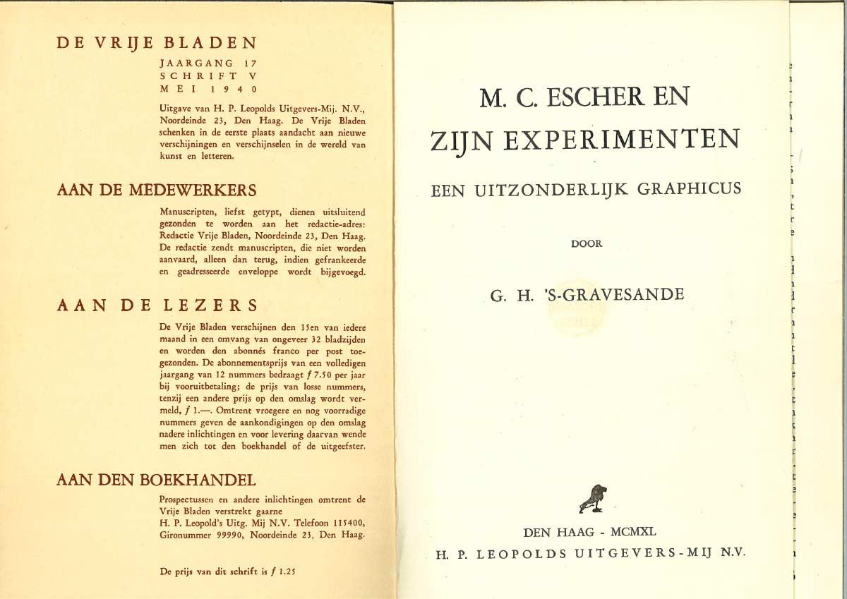 G.H. 's-Gravesande, M.C. Escher en zijn experimenten. Een uitzonderlijk graficus (M.C. Escher and his Experiments. An Exceptional Graphic Artist) (title page), published by Leopold, May 1940