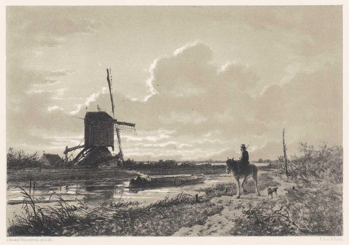 Jan Hendrik Weissenbruch, Landschaft mit untergehender Sonne, Lithographie, 1867. Sammlung Kunstmuseum Den Haag