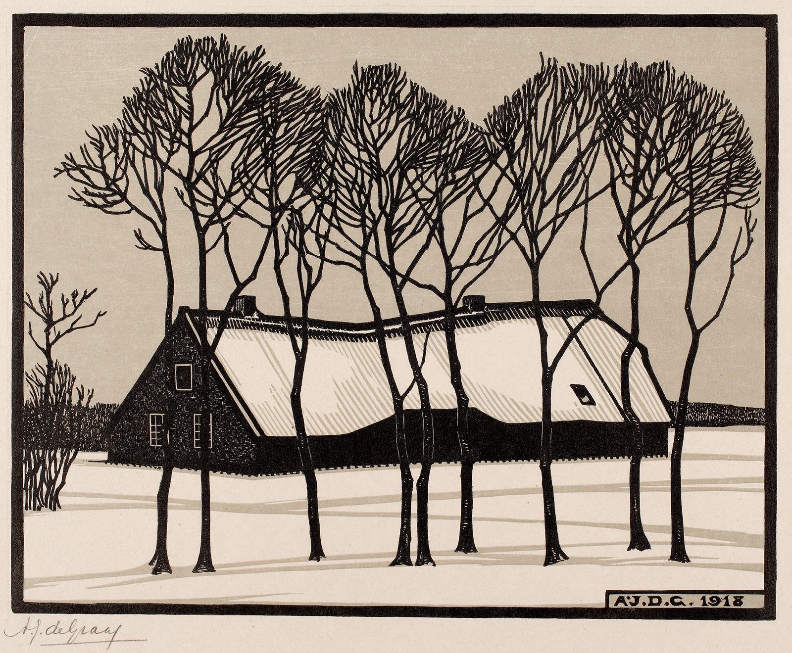 Julie de Graag, Boerderij in de sneeuw, houtsnede in zwart en grijs, 1918. Collectie Kunstmuseum Den Haag, langdurig bruikleen Wibbina-Stichting