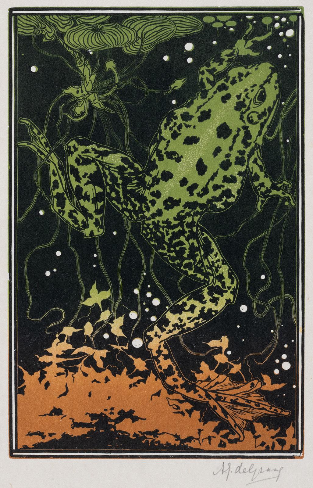 Julie de Graag, Kikker in slootje, houtsnede in zwart, groen en bruinrood, ongedateerd. Collectie Kunstmuseum Den Haag