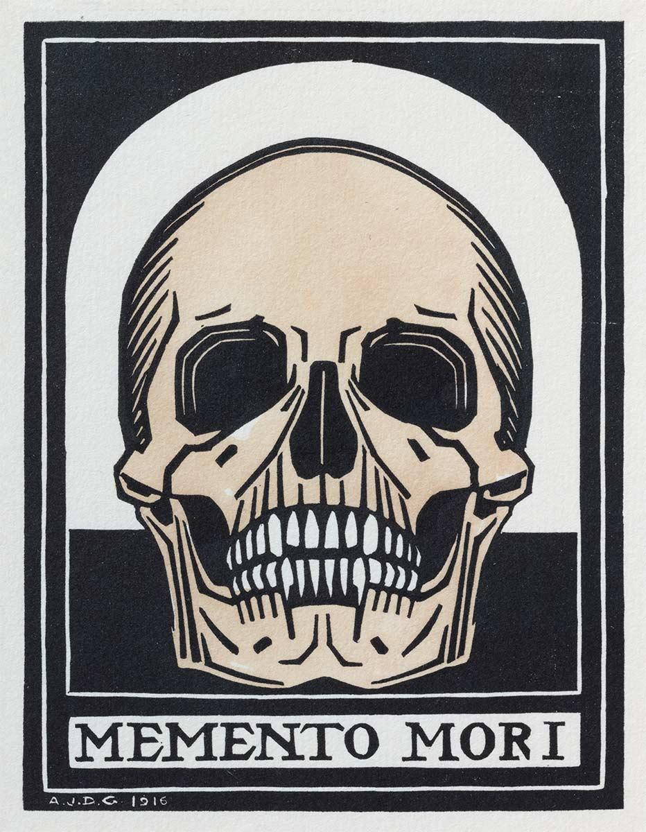 Julie de Graag, Memento mori, houtsnede in zwart en beige, 1916. Collectie Kunstmuseum Den Haag, langdurig bruikleen Wibbina-Stichting