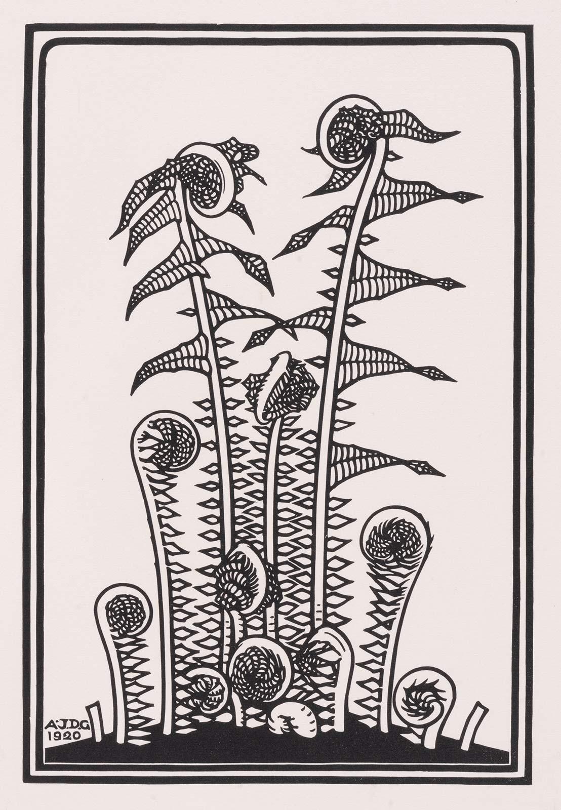 Julie de Graag, Ontspruitende varens, houtsnede, 1920. Collectie Kunstmuseum Den Haag
