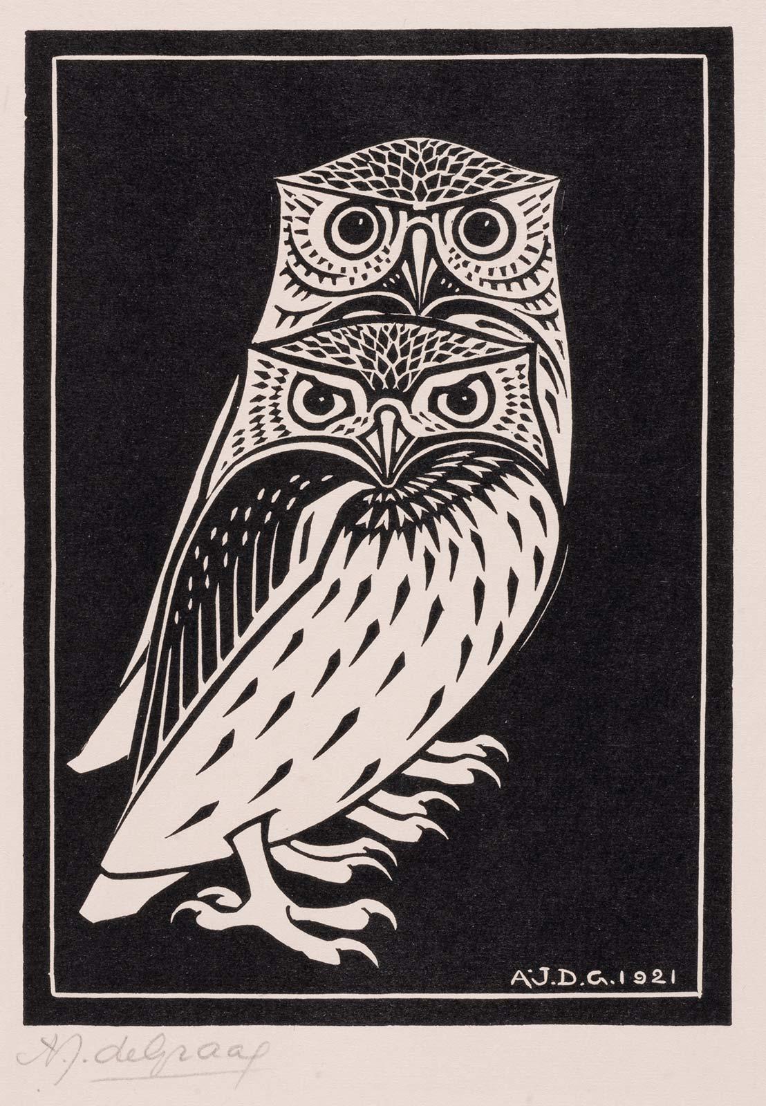 Julie de Graag, Twee uilen, houtsnede, 1921. Collectie Kunstmuseum Den Haag