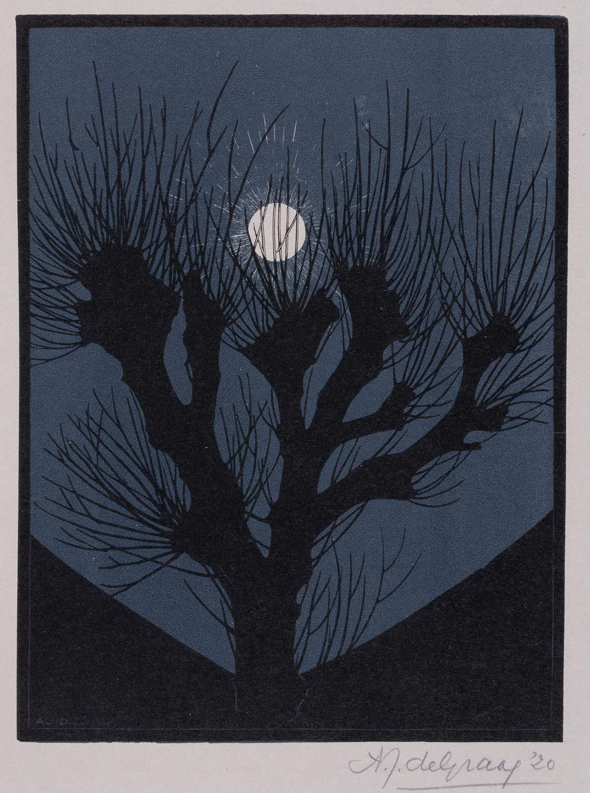 Julie de Graag, Wilg voor de maan, houtsnede in zwart en blauw, 1920. Collectie Kunstmuseum Den Haag