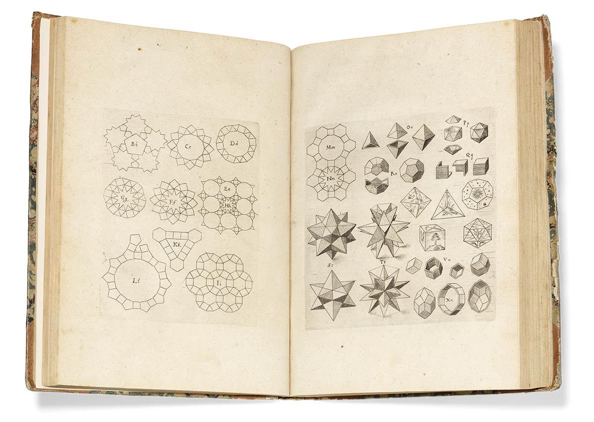 Johannes Kepler, page from Harmonices Mundi with illustrations of the small and large star dodecahedron, 1619. Photo Christie's