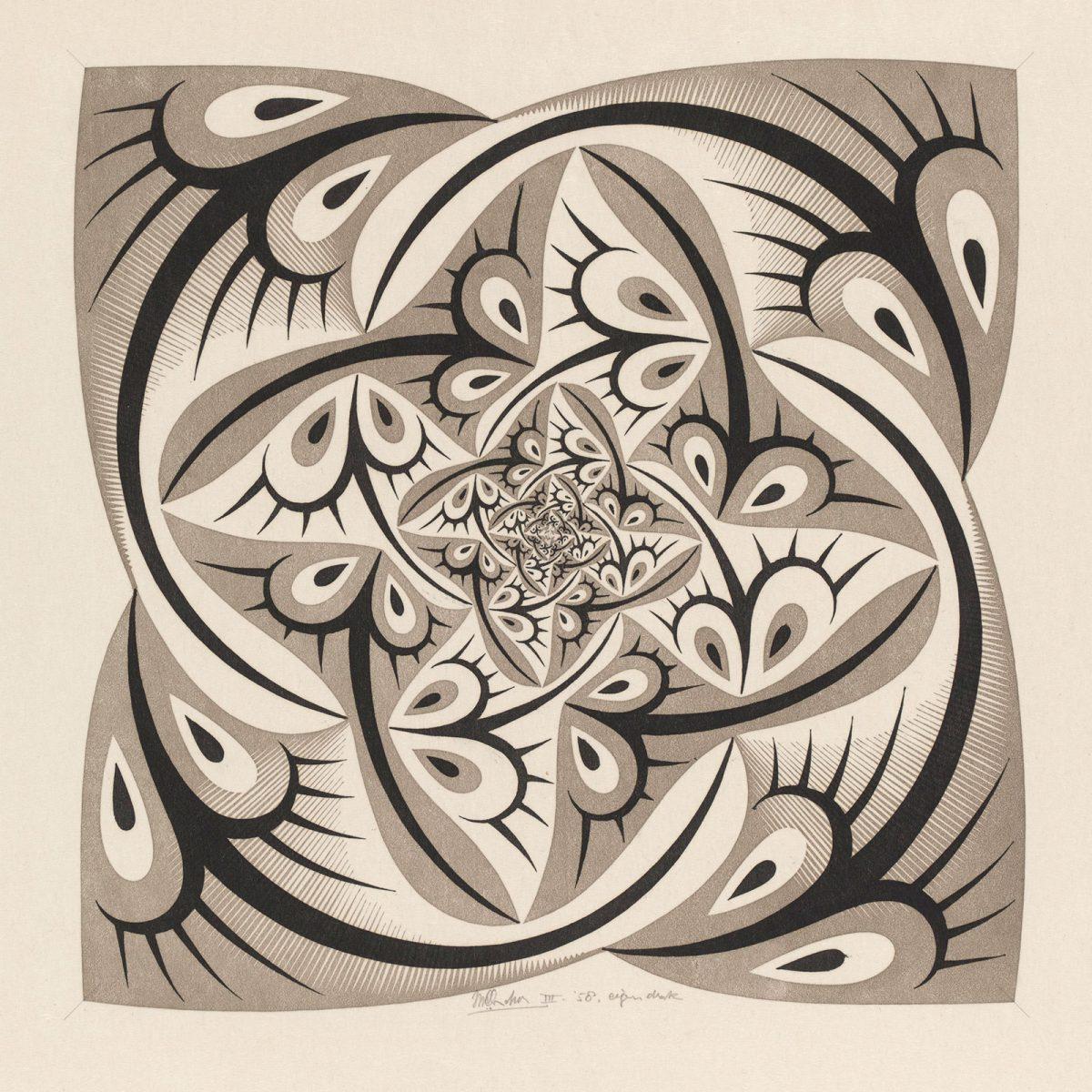 M.C. Escher, Levensweg II, houtsnede in grijsgroen en zwart, gedrukt van twee blokken, maart 1958