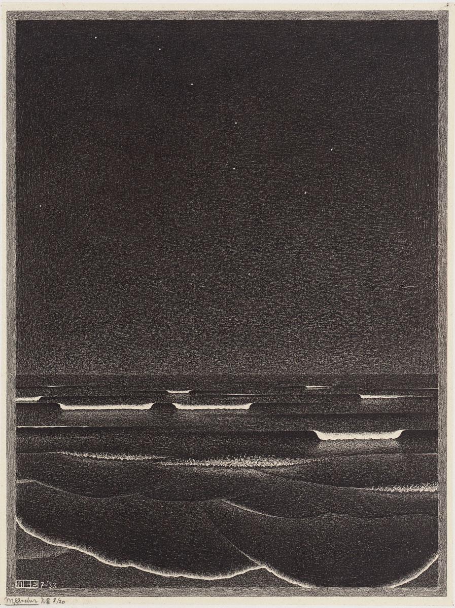 M.C. Escher, Lichtende zee, litho, juli 1933