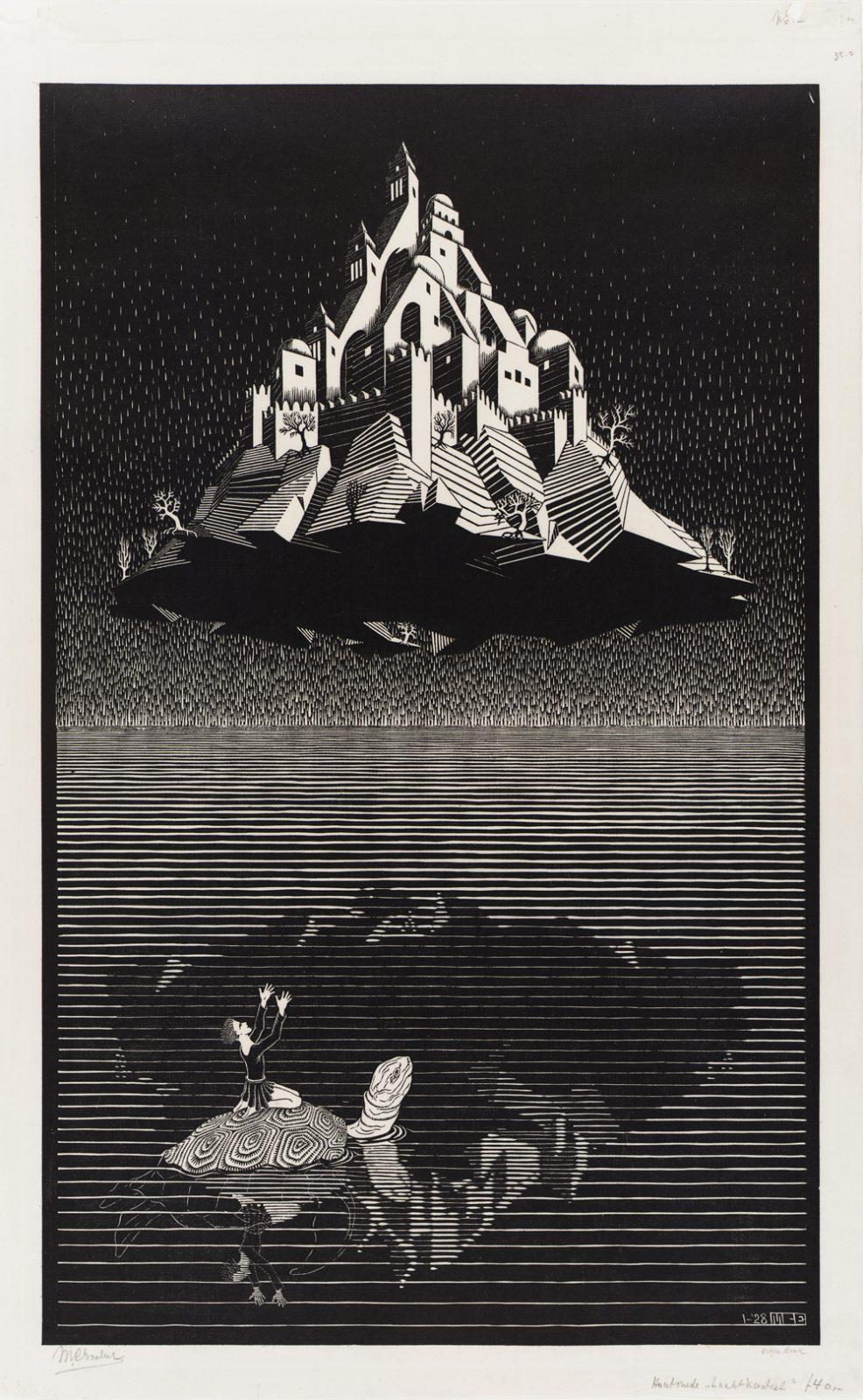 M.C. Escher, Luchtkasteel, houtsnede, januari 1928. Een van de prenten die tijdens de voorstelling werden getoond, tijdens de dansintermezzo's. Dit kasteel symboliseerde volgens Andriessen het geïdealiseerde wereldbeeld van een kind.