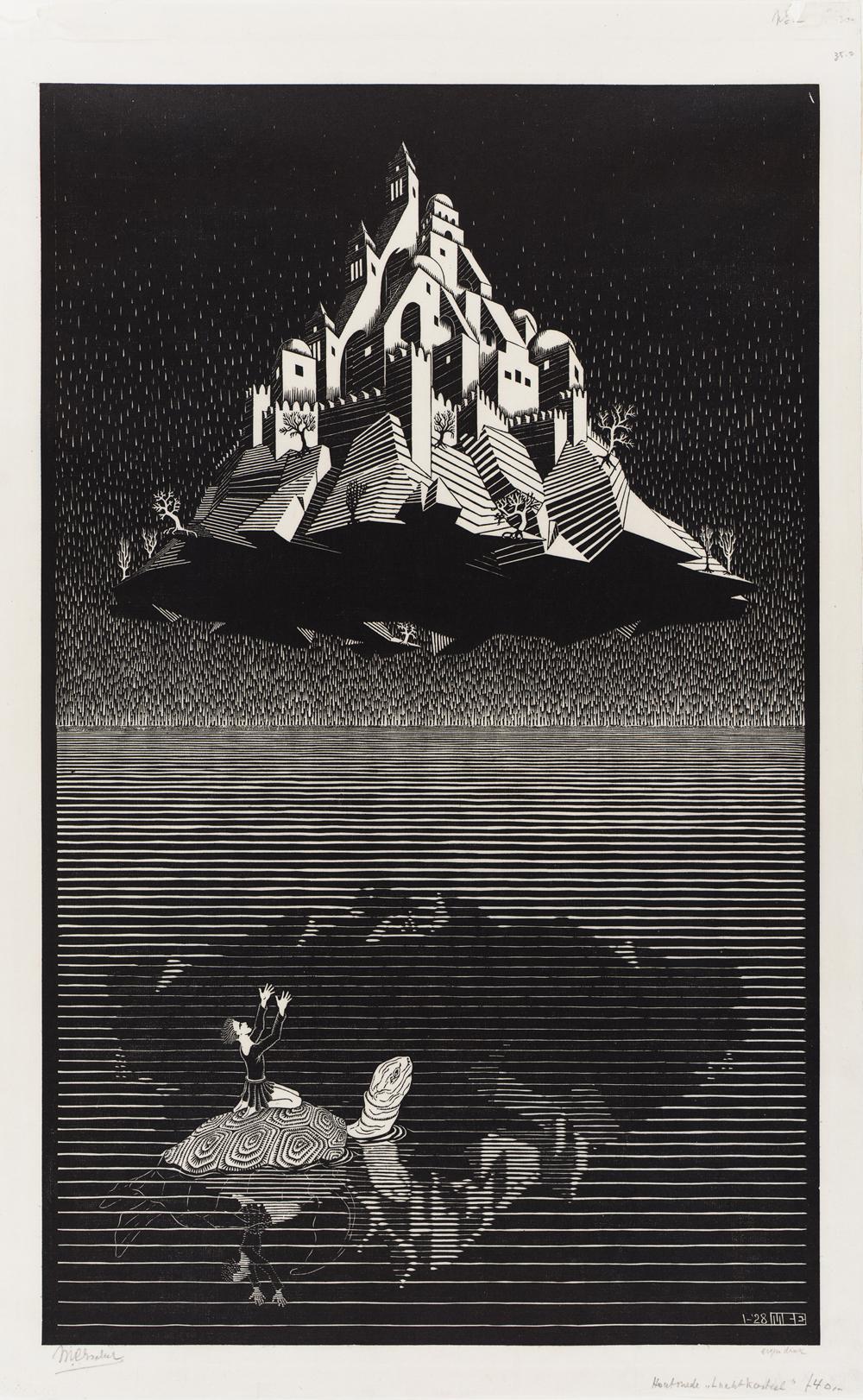 M.C. Escher, Castle in the Air, woodcut, January 1928. One of the prints shown, this one during the first dance intermezzo. A symbol for the idealised worldview of a child, according to Andriessen.